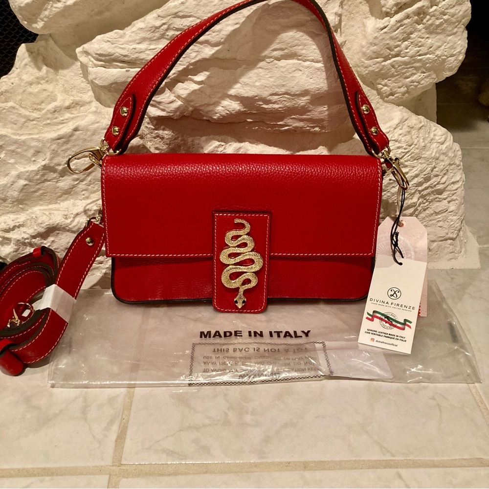 Divina Firenze Red Leather Crossbody with Gold Snake Accent